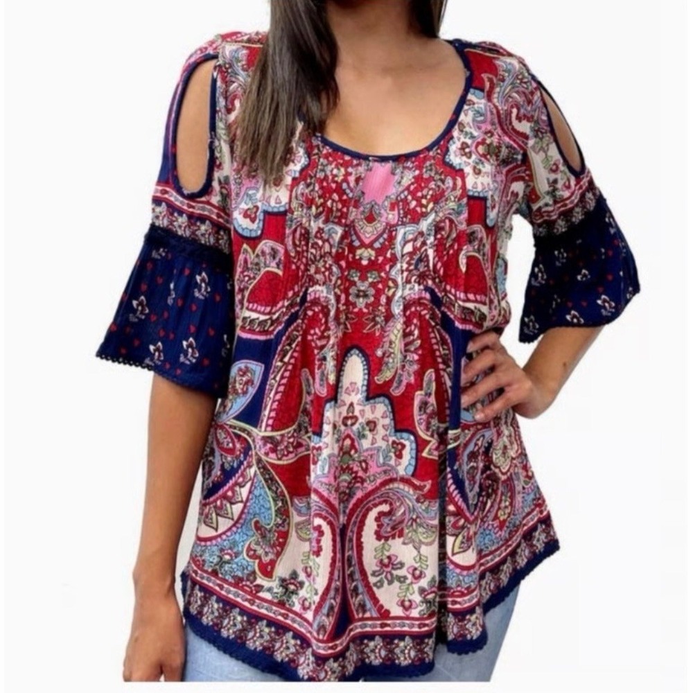 Bila Size M Red Blue Paisley Print Cold Shoulder bohemian 70s hippie blouse